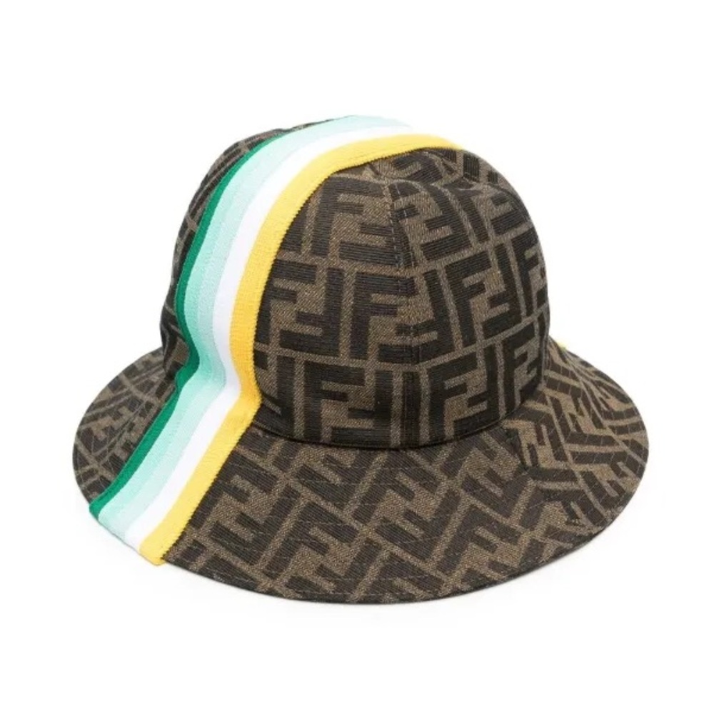 Fendi kids Brown FF Logo Hat with Green and Yellow Stripes
